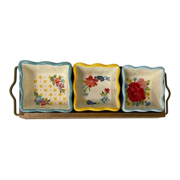 Pioneer Woman Floral Condiment Dish Set Mini Dip Square Bowls Acacia Wood Tray - Picture 9 of 16